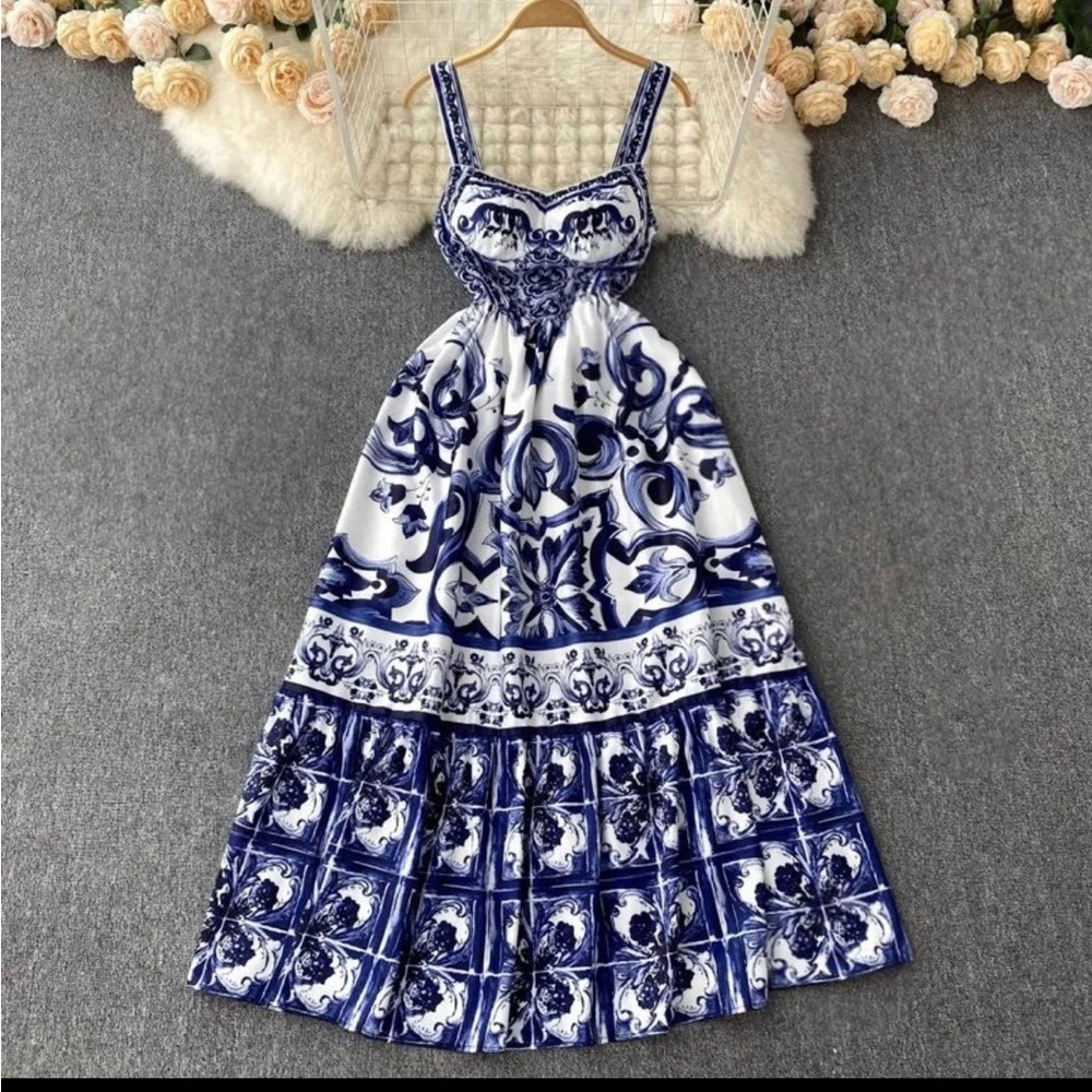 Blue and White Majolica Printed Midi Dress